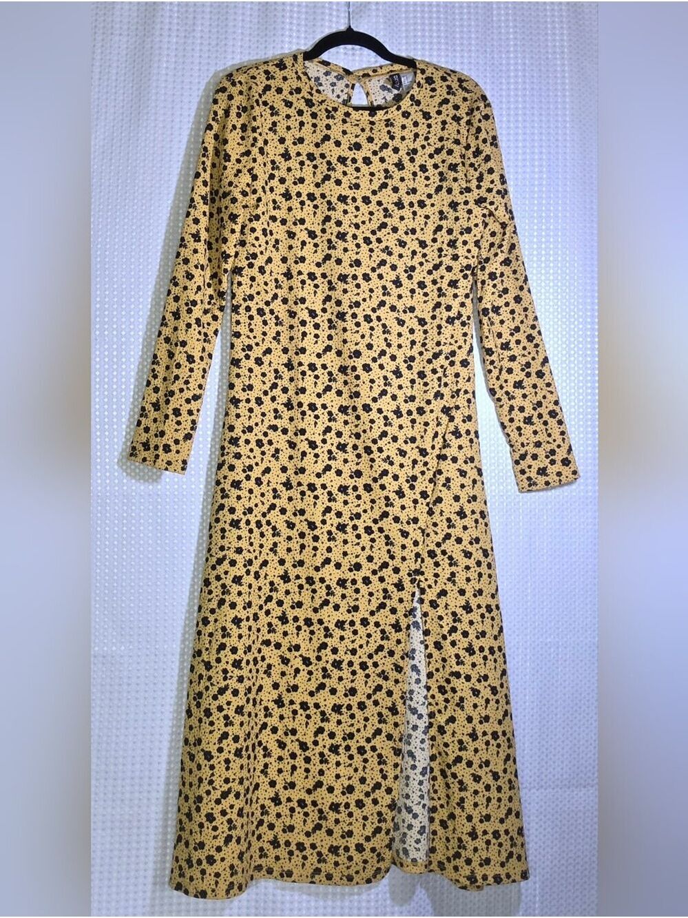 H&M Crinkled Jersey Midi Dress Mustard Retro Floral Boho 70s High Slit M - Picture 12 of 12